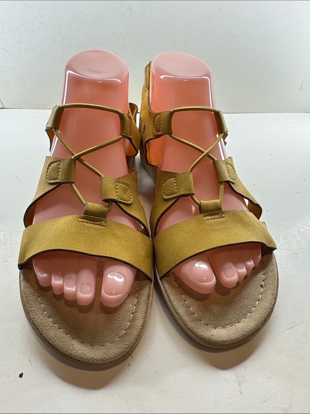 easy street Mustard Suede Crisscross Slide Sandals